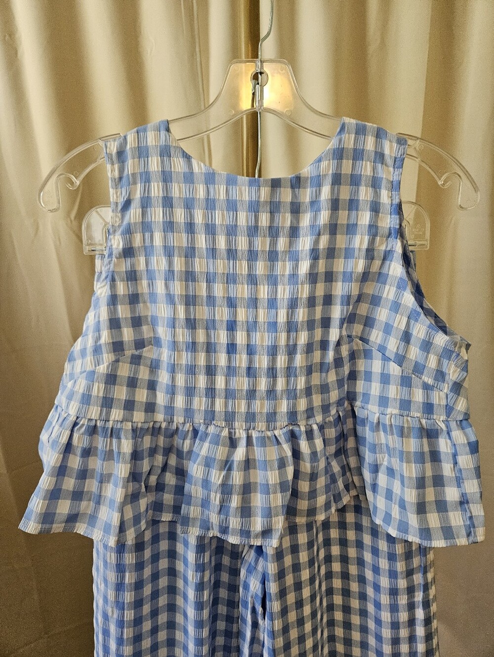 Blue & White Gingham 2-Piece Set | Open Back Top & Wide Leg Pants - Picture 3 of 5